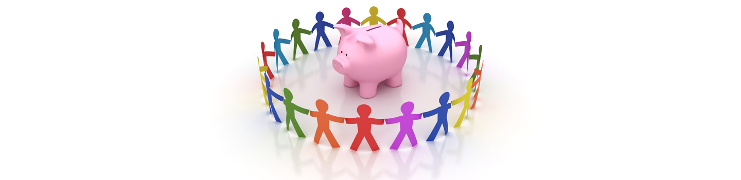 Community banking - piggy bank surrounded by cut-out people