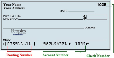 Peoples check example showing routing number, account number, and check number