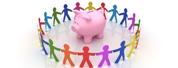 Community banking - piggy bank surrounded by cut-out people